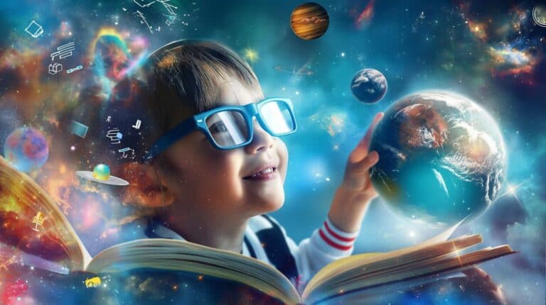 colorful illustration of a boy with glasses touching earth emerging from an open book learning